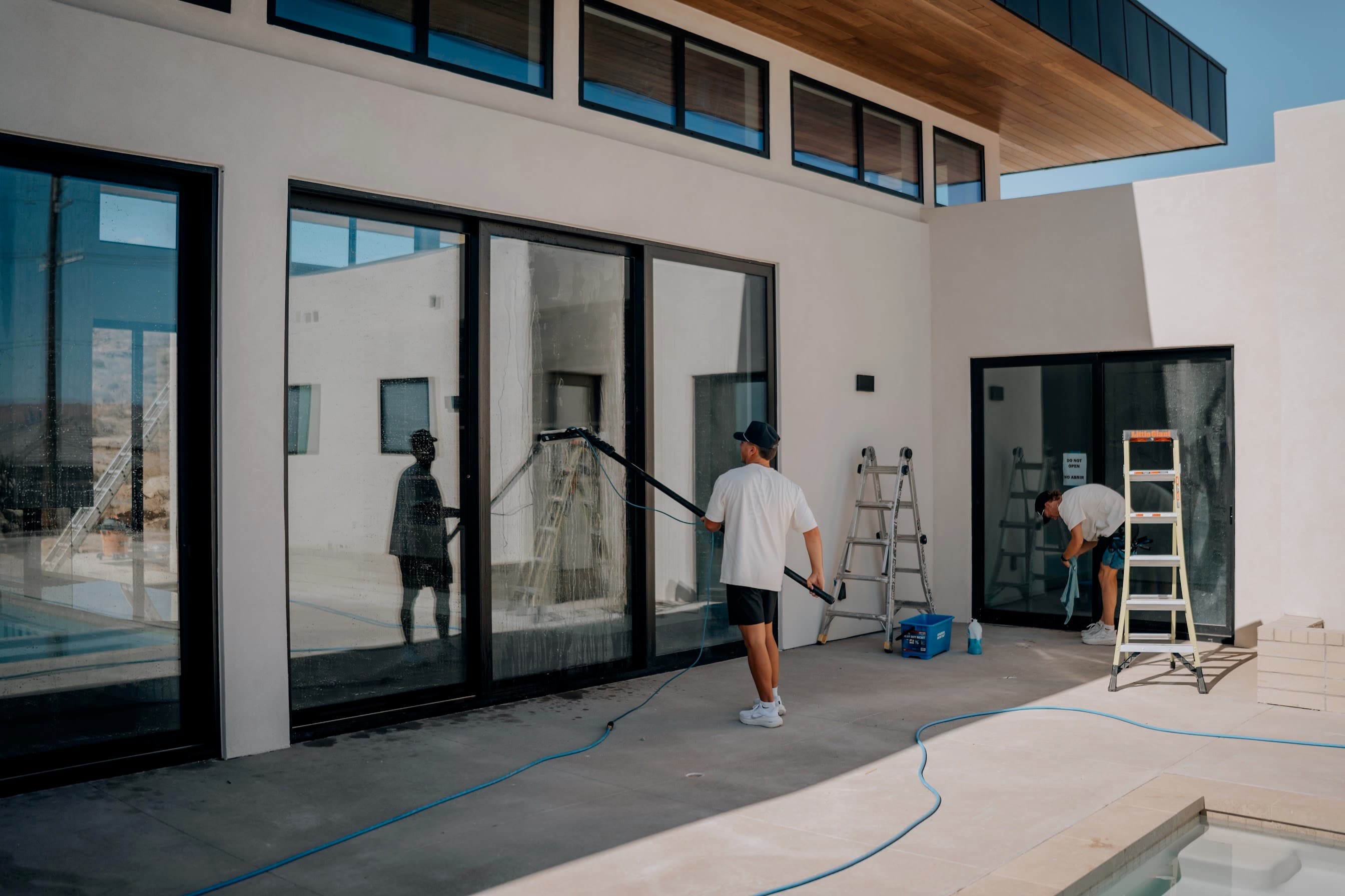 Exterior window cleaning with water pole
